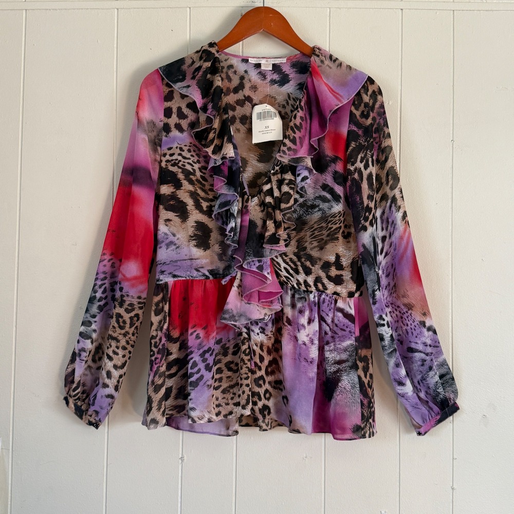 Boston Proper Womens Fairy Animal Print Ruffle Peplum Blouse Mob wife Size XS